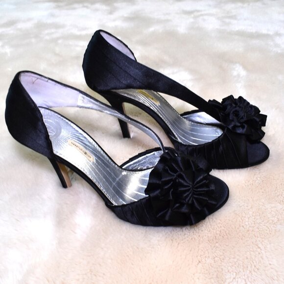 Max Studio Black Satin Slingback Heels 7.5 Floral Peep Toe Stiletto Slip On - Picture 8 of 14